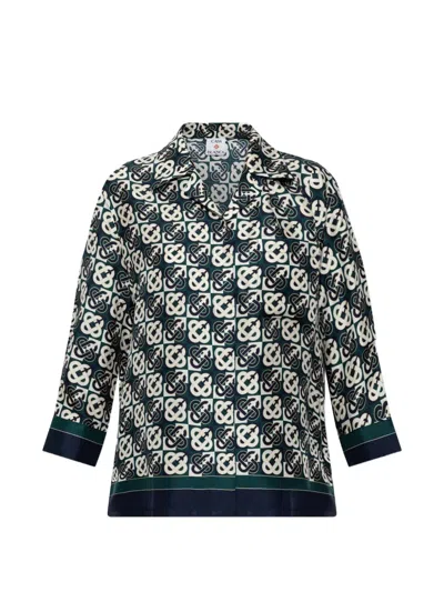 Casablanca Check Monogram Silk Shirt In Blue