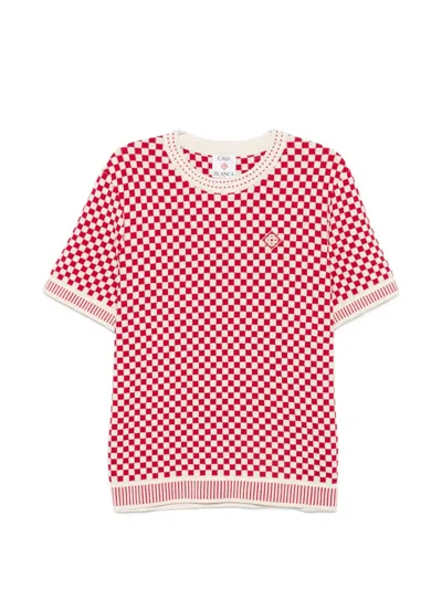 Casablanca Checkerboard Knit Sweater With Logo Patch In Red