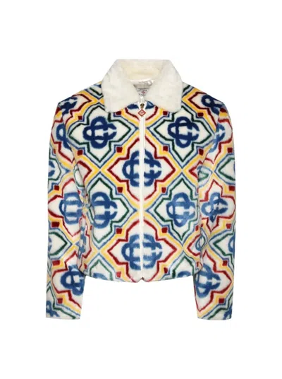 Casablanca Collared Faux Fur Jacket Olympic Diamond Monogram In Multicolor