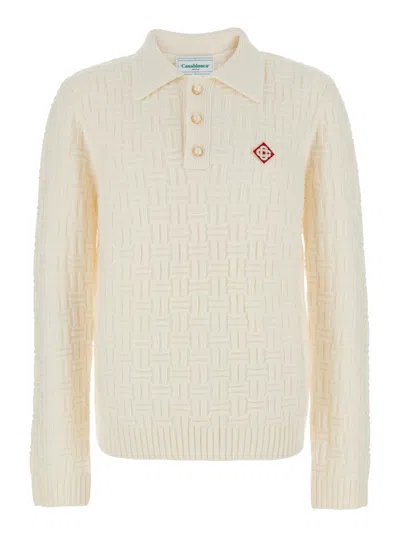 Casablanca Column Stitch Wool Knit Polo In White