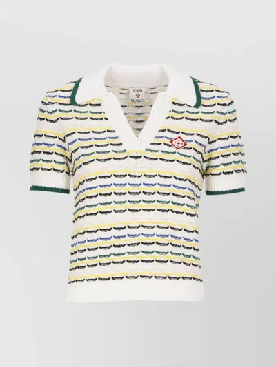 CASABLANCA CONTRASTING RIBBED HEM SHORT SLEEVES V-NECK