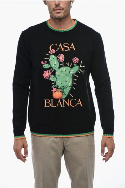 Casablanca Floral-intarsia Crew-neck Jumper In Black  