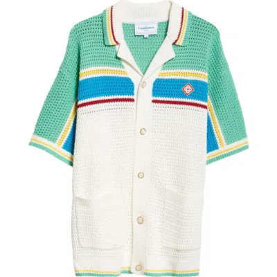 Casablanca Crochet Effect Short Sleeve Button-up Shirt In Off White/blue/green Multi
