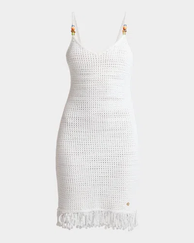 Casablanca Crochet Fringe Mini Dress In White