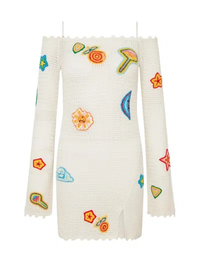 Casablanca Crochet Knit Mini Dress With Patches In White