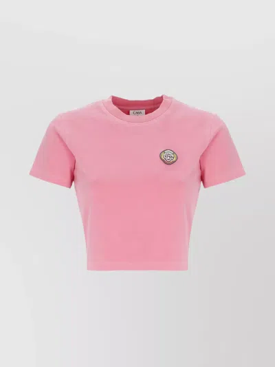 CASABLANCA CROPPED COTTON T-SHIRT EMBROIDERED LOGO