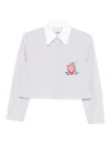 Casablanca Cropped Long-sleeved Striped Shirt With Floral Embroidery In White