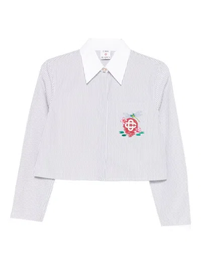 CASABLANCA CROPPED LONG-SLEEVED STRIPED SHIRT WITH FLORAL EMBROIDERY