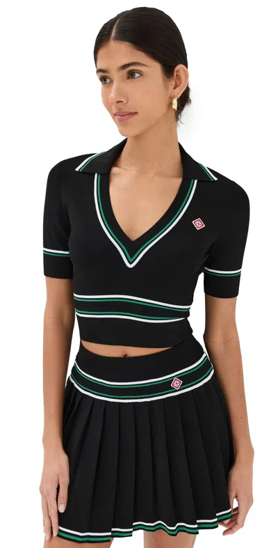 Casablanca Striped Short-sleeve Crop Polo Shirt In Black