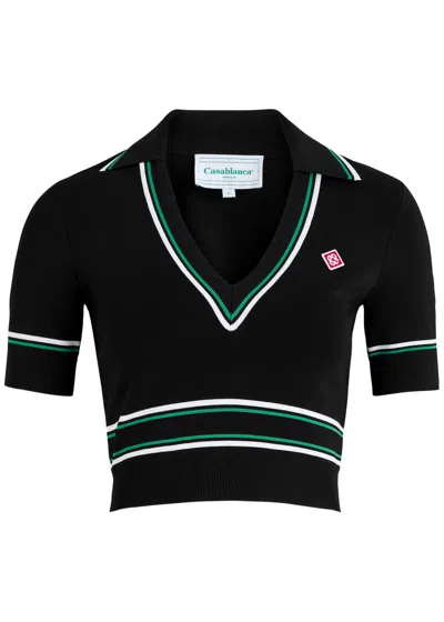 Casablanca Cropped Stretch-knit Polo Shirt In Black