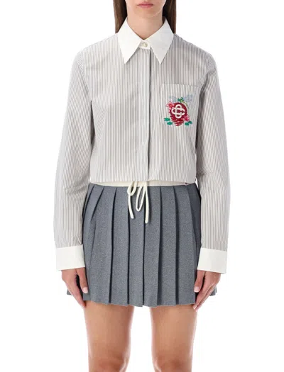 Casablanca Cropped Striped Shirt With Floral Embroidery In Gray