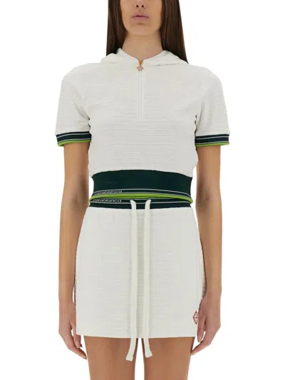 Casablanca Hooded Short Top Striped Trim In White
