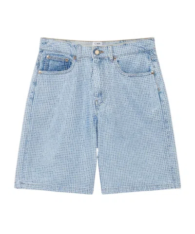 Casablanca Crystal Embellished Denim Shorts In Blue