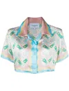 CASABLANCA CUBAN COLLAR CROPPED SILK SHIRT WITH ALL-OVER GRAPHIC PRINT