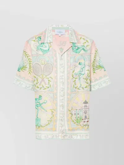 Casablanca Cuban Collar Linen Shirt With Vase Print In Brown