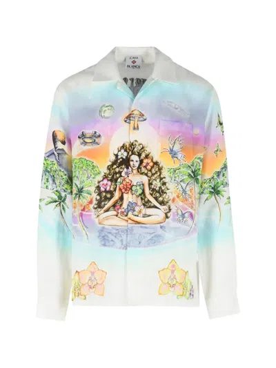 Casablanca Innocence Multicolor Short With Cuban Collar And All-over Print In Linen Man