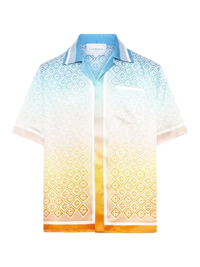 Casablanca Cuban Collar Short Sleeve Shirt In Diamond Monogram Degrade