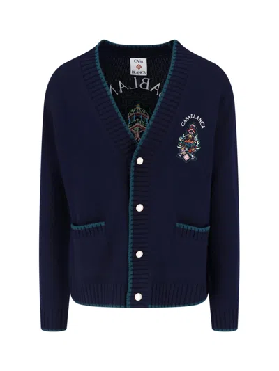 Casablanca Deep V-neck Button-down Sweater With Embroidered Designs In Blue
