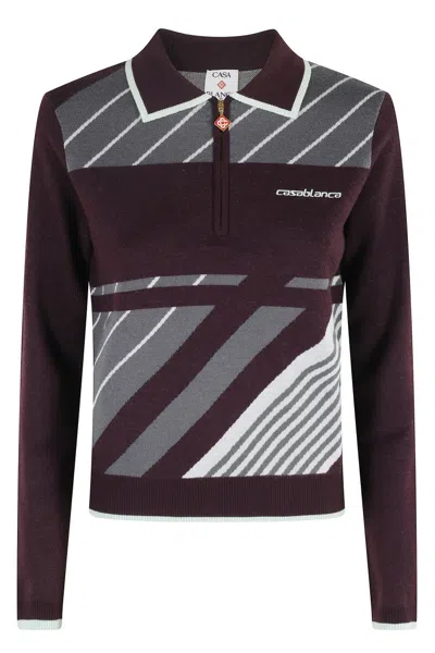 CASABLANCA DIAGONAL STRIPE MERINO WOOL POLO TOP