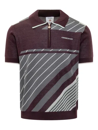 Casablanca Diagonal Stripe Merino Wool Quarter Zip Polo In Burgundy