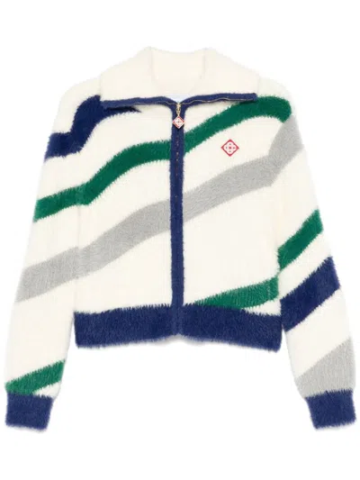Casablanca Off-white Striped Fluffy Zip Up Jacket In Multi