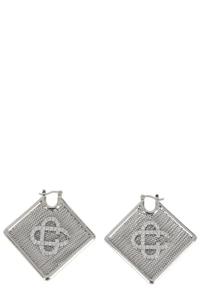 Casablanca Mesh-texture Crystal-logo Earrings In Silver