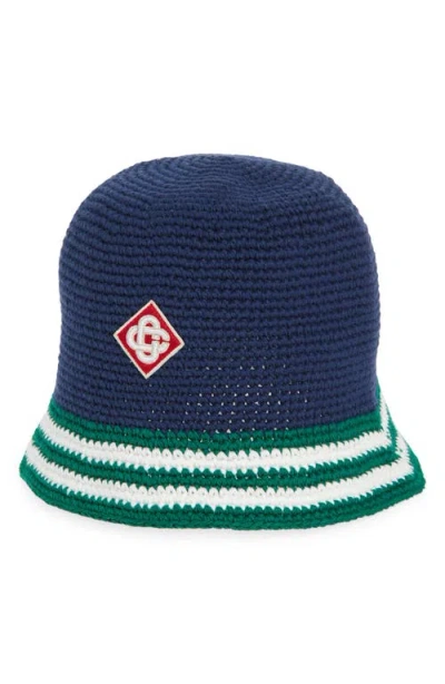 Casablanca Diamond Logo Stripe Cotton Crochet Bucket Hat In Navy
