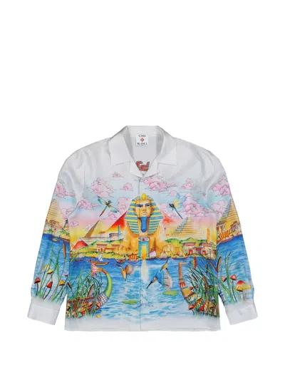 Casablanca Bowling Collar Silk Shirt With Egyptian Graphic Print In Multi