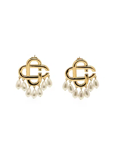 Casablanca Gold & White Pearl Drop Logo Earrings