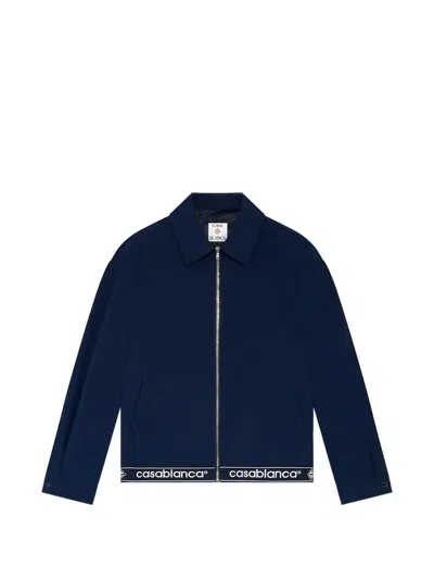 Casablanca Cropped Wool Blend Shirt Jacket With Contrast Logo In Blue