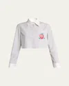 Casablanca Cropped Long-sleeved Striped Shirt With Floral Embroidery In White