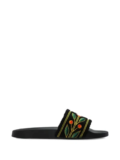 Casablanca Mens Slider Sandal Embroidered Floral Strap In Black