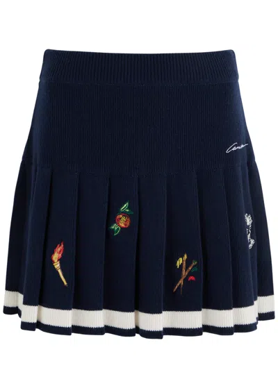 Casablanca Embroidered Pleated Wool-blend Mini Skirt In Navy
