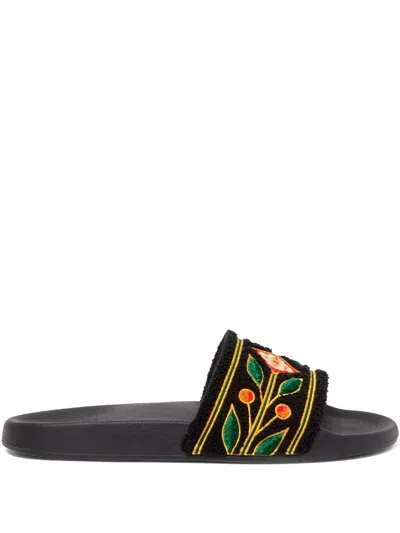 Casablanca Embroidered Terry-cloth Slides In Black