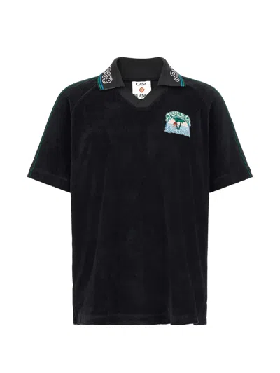 Casablanca Jacquard Towelling Polo Shirt V Neck In Blue