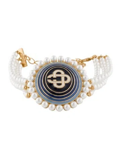 Pre-owned Casablanca Faux Pearl & Enamel Cameo Bracelet, 8.75" In Blue