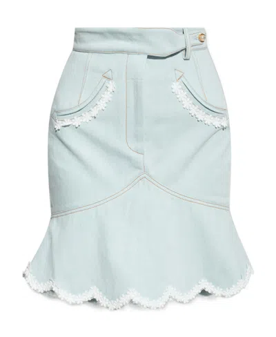 Casablanca Floral-embroidered Denim Peplum Skirt In White