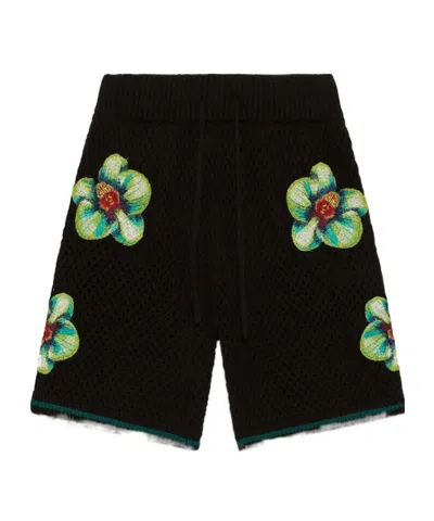 Casablanca Floral Embroidered Knit Shorts In Black