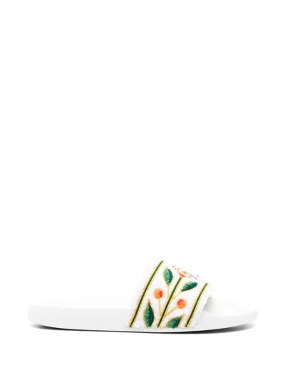 Casablanca Floral-embroidered Sliders In White