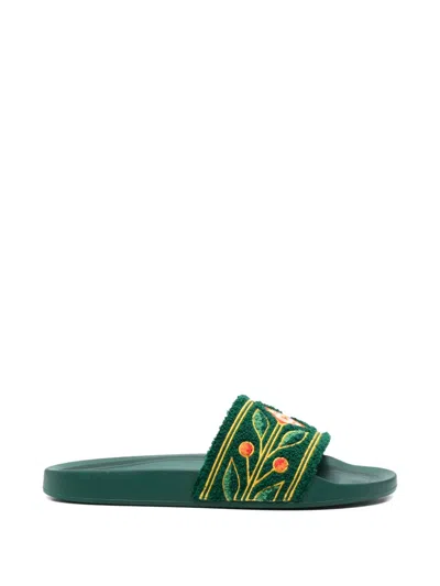 Casablanca Floral-embroidered Slides In Green