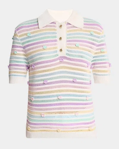 Casablanca Flower Striped Crochet Short-sleeve Polo Shirt In Multi