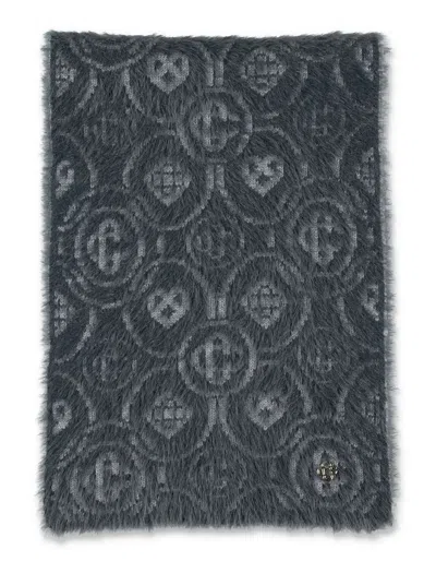 CASABLANCA CASABLANCA GREY MERINO WOOL BLEND FLUFFY MONOGRAM SCARF