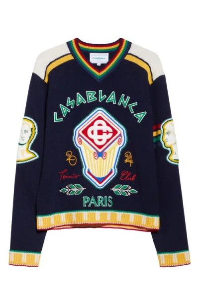 Casablanca Fraternity V-neck Wool Sweater In Navy