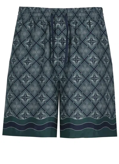 Casablanca Silk Bermuda Shorts Radiating Monogram Pattern In Blue