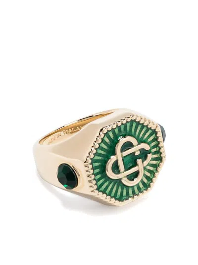 Casablanca Gold Brass Ring With Green Enamel In Golden
