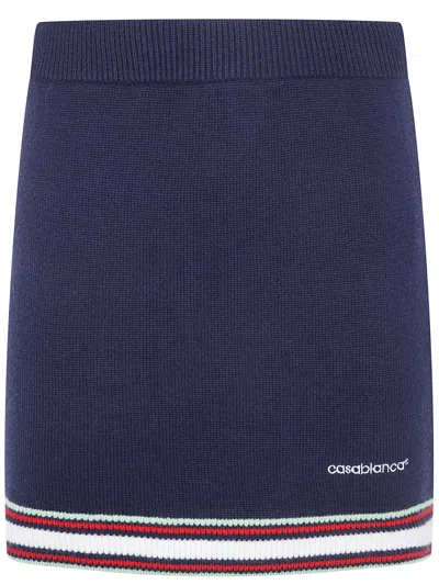 Casablanca Merino Knit Mini Skirt Ribbed Waistband Striped Hem In Blue