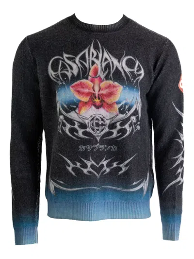 Casablanca Graphic Print Crew Neck Wool Sweater In Black