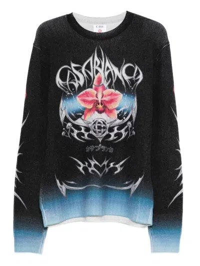 Casablanca Graphic Print Crew Neck Wool Sweater In Black