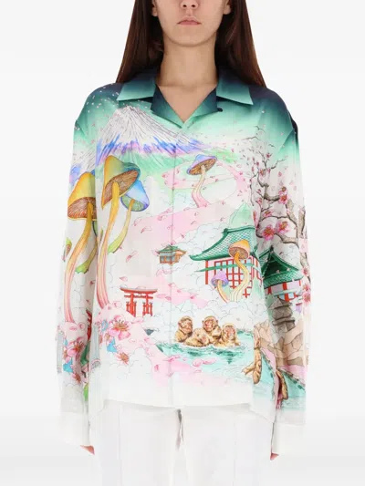 Casablanca Japanese Landscape Print Silk Shirt With Classic Collar And Buttoned Cuffs In Green