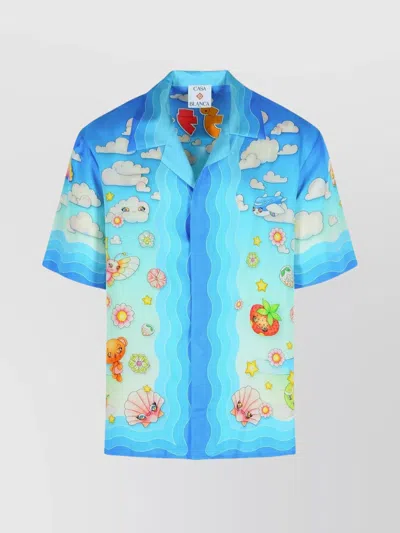 Casablanca Graphic Print Silk Shirt With Short Sleeves In Blue